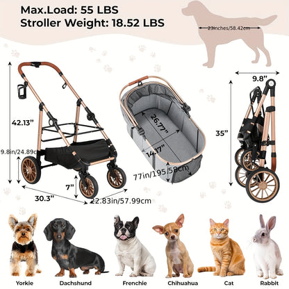 Hondenwagen – Hondenbuggy – Huisdierwagen – Dierenwagen – Kattenbuggy – Geschikt tot 25 kg – 4 Rubberwielen met Schokdempers – Inklapbaar – Lichtgewicht Carbonstaal Frame – Champagne Golden Black