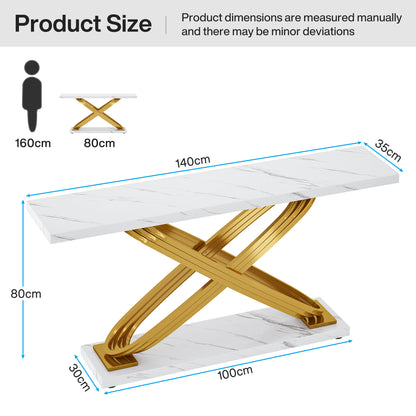 Sidetable – Consoletafel – Wandtafel – Haltafel – Bijzettafel – Smal Rechthoekig Ontwerp – Faux Marmeren Gouden Blad – Robuust Massief Houten Frame