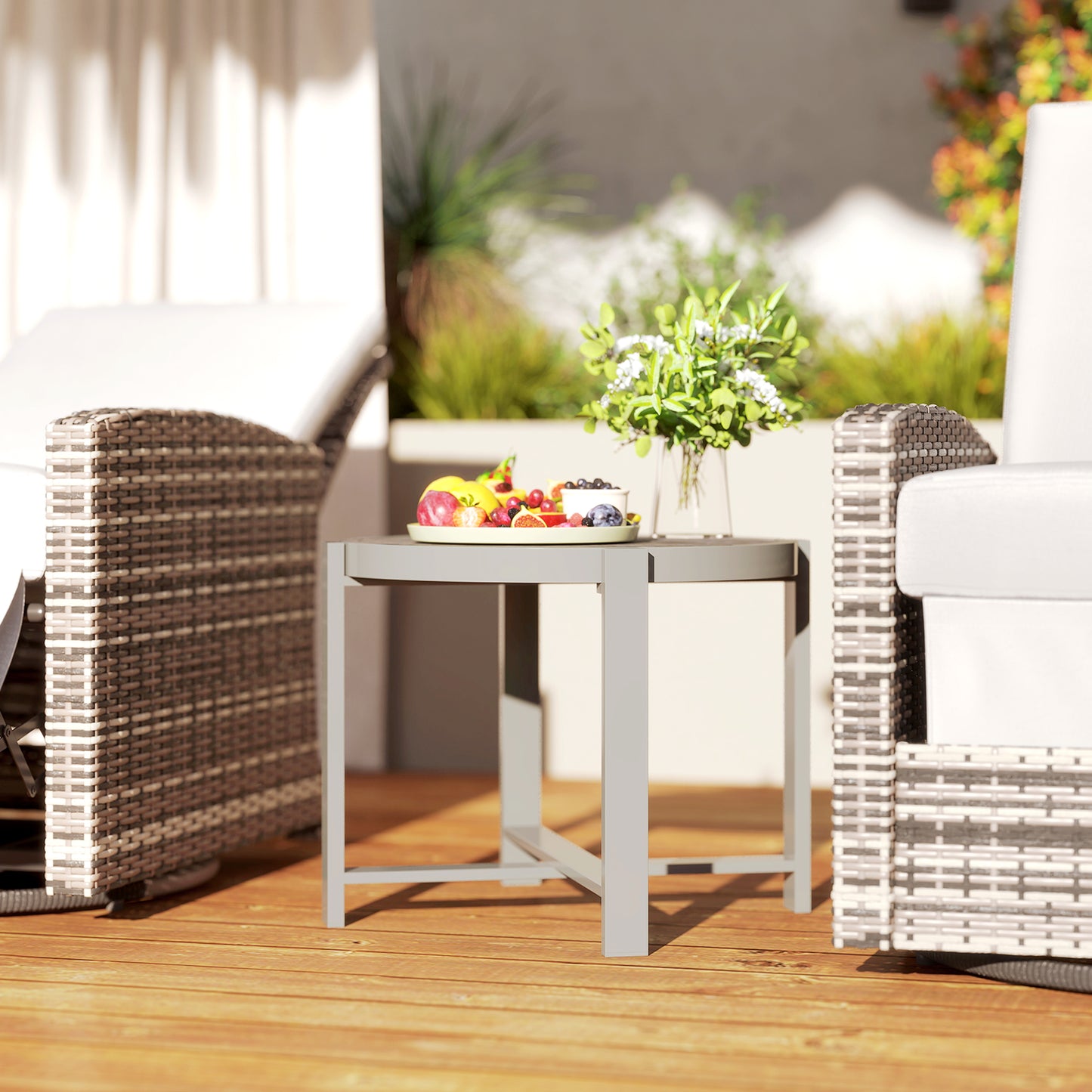 Bijzettafel – Bijzettafeltje – Sidetable – Tuinmeubel – Balkon Tafel – Grijs – Weerbestendig Aluminium – Marmerlook Blad – Compact Design – Onderhoudsvriendelijk