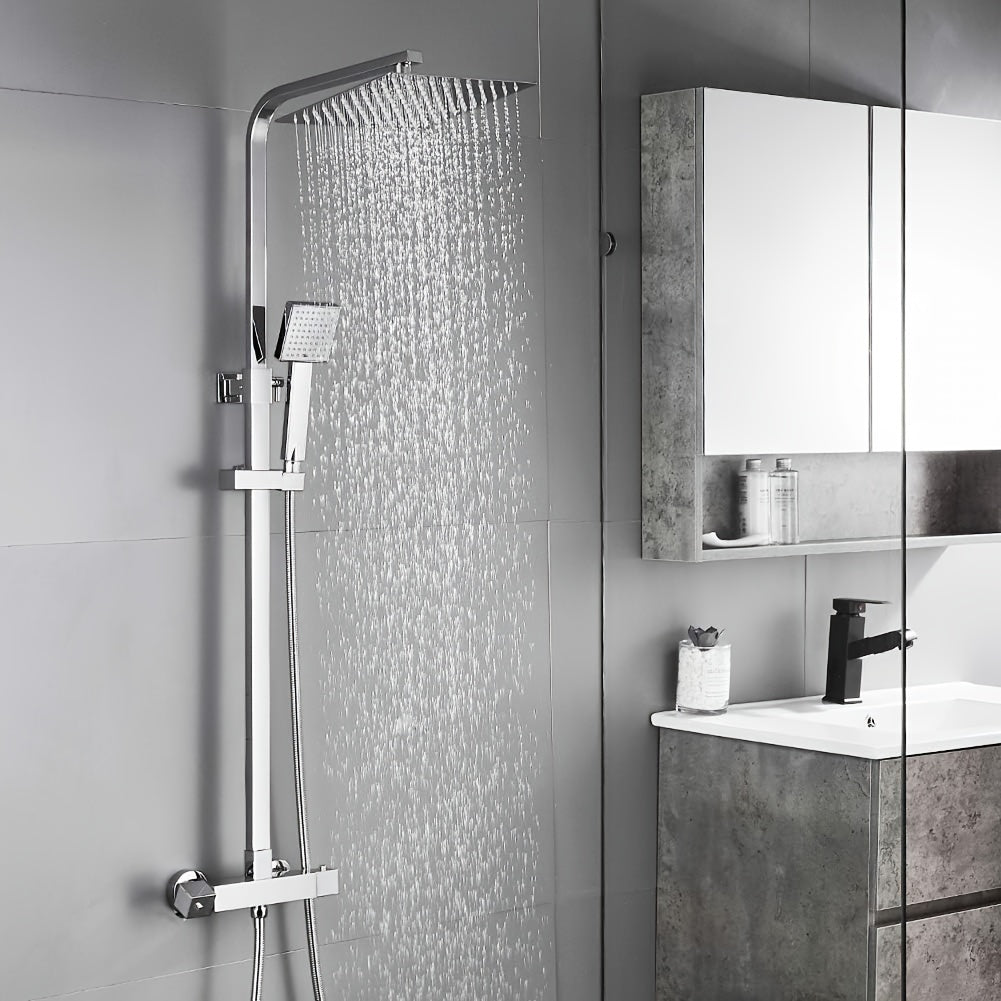Thermostatische Douchekolom – Douchepaneel – Regendouche – Handdouche – Buitendouche – Zilverkleurig – Grote Regendouche 25,4 cm – Corrosiebestendige Afwerking
