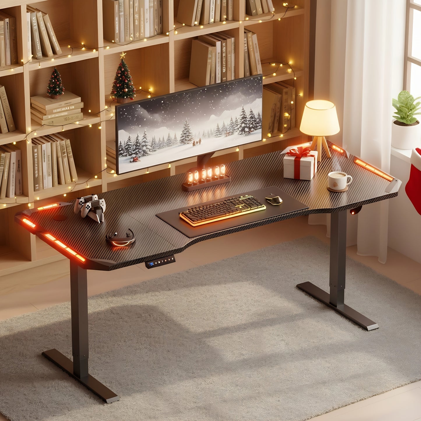 Elektrisch Verstelbaar Zit-Sta Bureau – Zit-Sta Tafel – Bureau Verstelbaar – Gaming Bureau – Thuiswerk Bureau – Carbon Fiber Tafelblad – RGB LED Verlichting – XXL Antislip Muismat – Hoofdtelefoonhaak – Verstelbaar 71-113 cm