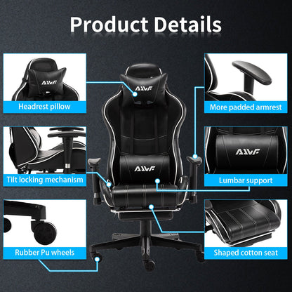Gamestoel – Gaming Stoel – Gaming Chair – Game Stoel – Bureaustoel – Ergonomische Lendensteun – Verstelbare Hoge Rugleuning – PU Leer – Met Voetensteun – Zwart Wit