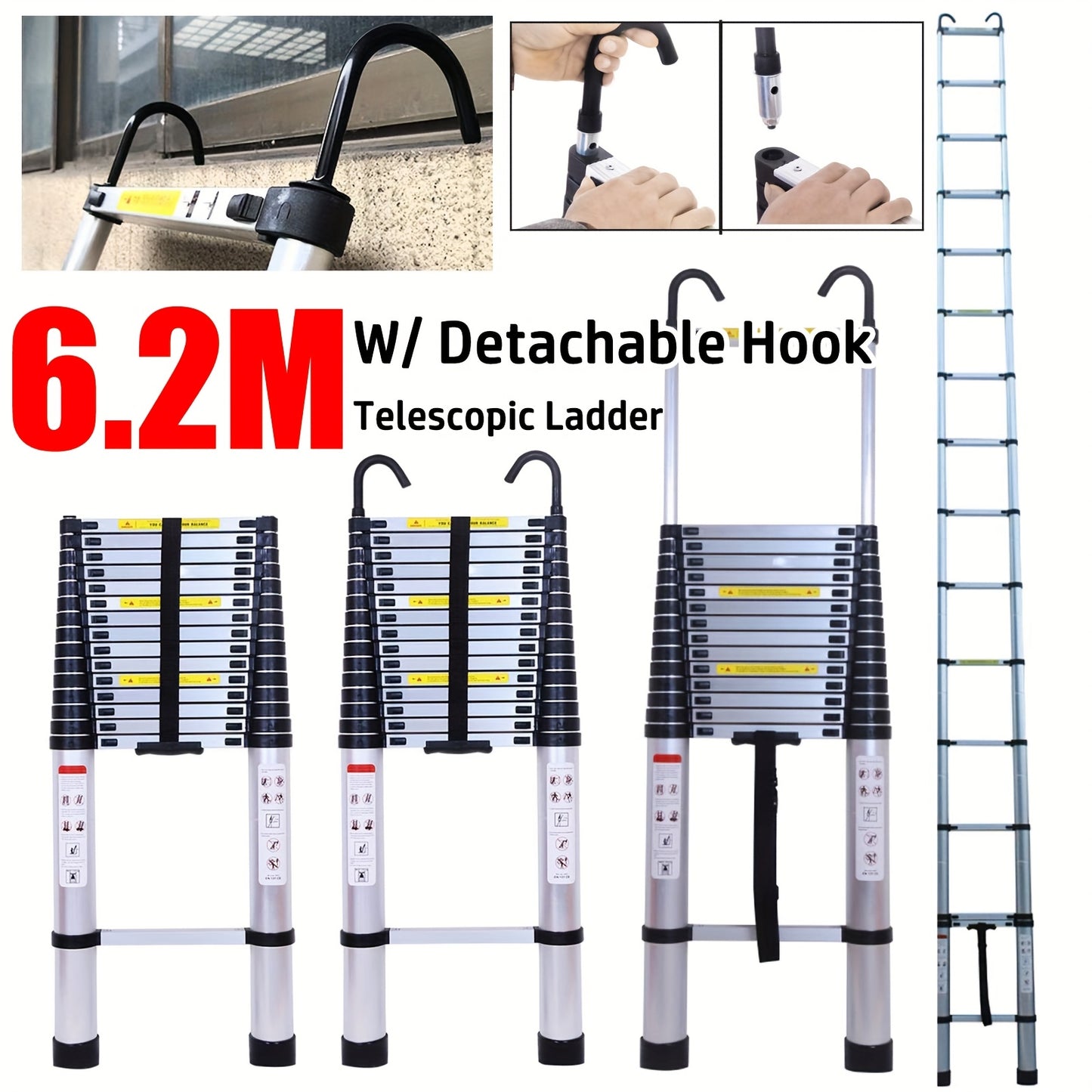 Telescopic Ladder 6.2m With Detachable Hooks & Extendable Steps, Folding Tall Loft Ladder, Portable Collapsible Ladder For Household And Outdoor Working, Sliver