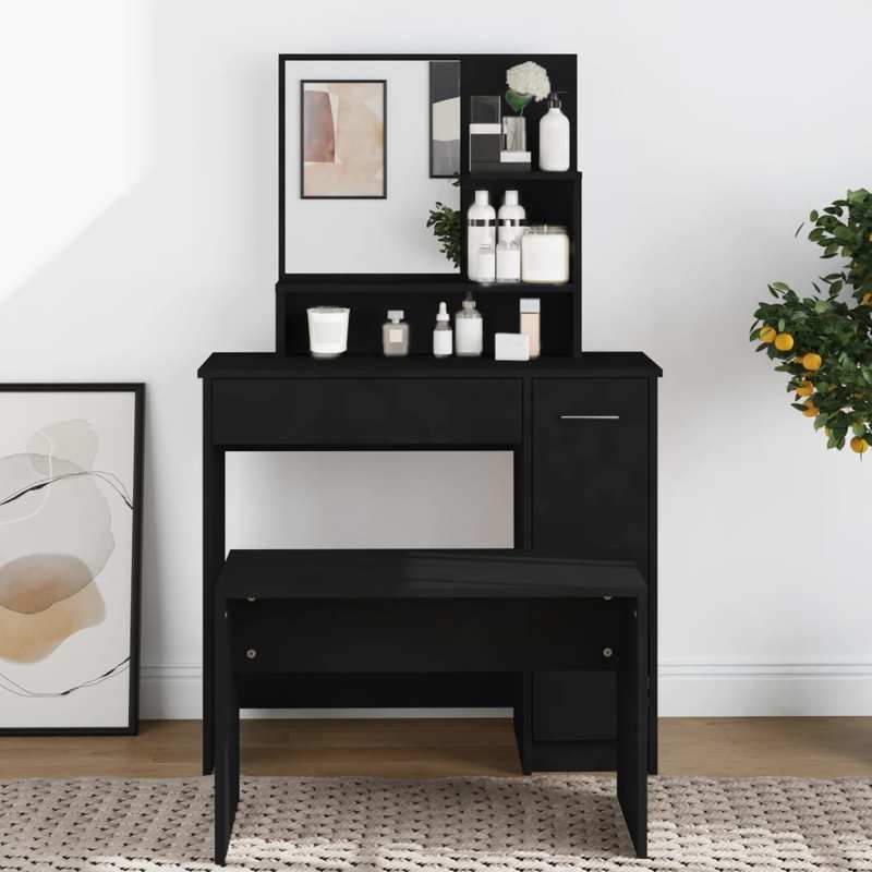 Make-up Tafel – Kaptafel – Schminktisch – Make-up Bureau – Make-up Station – Zwart – Hardhouten Constructie – Compact Met Grote Spiegel 86x36x135 cm