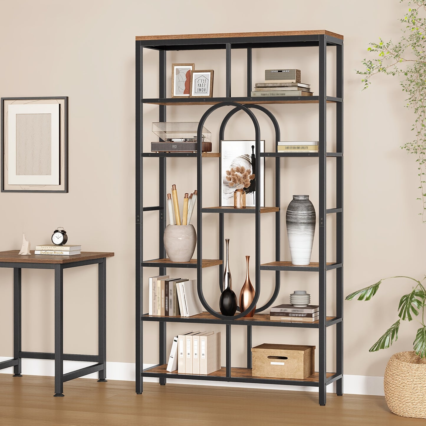 Boekenkast – Vakkenkast – Staande Plank – Roomdivider – Opbergkast – Vintage Bruin-Zwart – 7 Lagen Met 9 Planken – Stevig Stalen Frame 30x100x180 cm