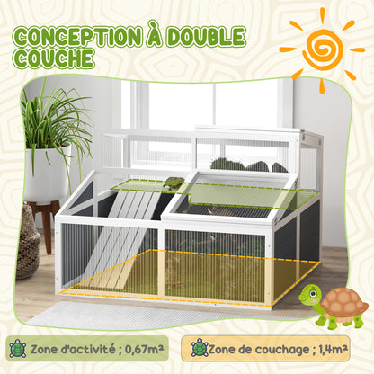 Turtle Huis – Schildpadden Verblijf – Terrarium – Buitenren – Houten Kweekverblijf – Dubbele Verdieping – 3 Deuren en Toegangsluis – 115x115x82 cm Grijs