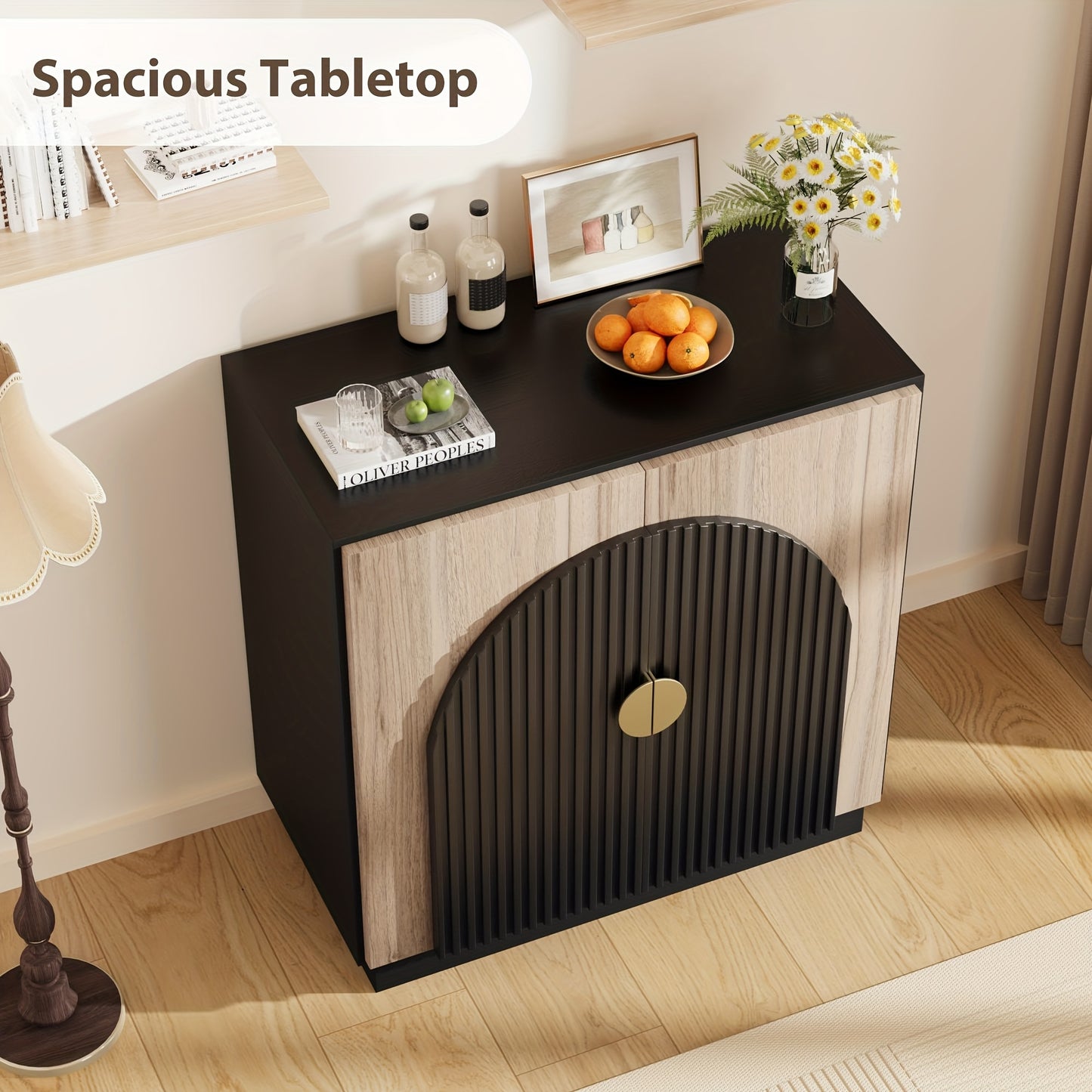 Dressoir – Buffetkast – Opbergkast – Ladekast – Wandkast – Zwart Fluted Design – Verstelbare Planken – Hout en Metaal – Compact 69 cm Hoog