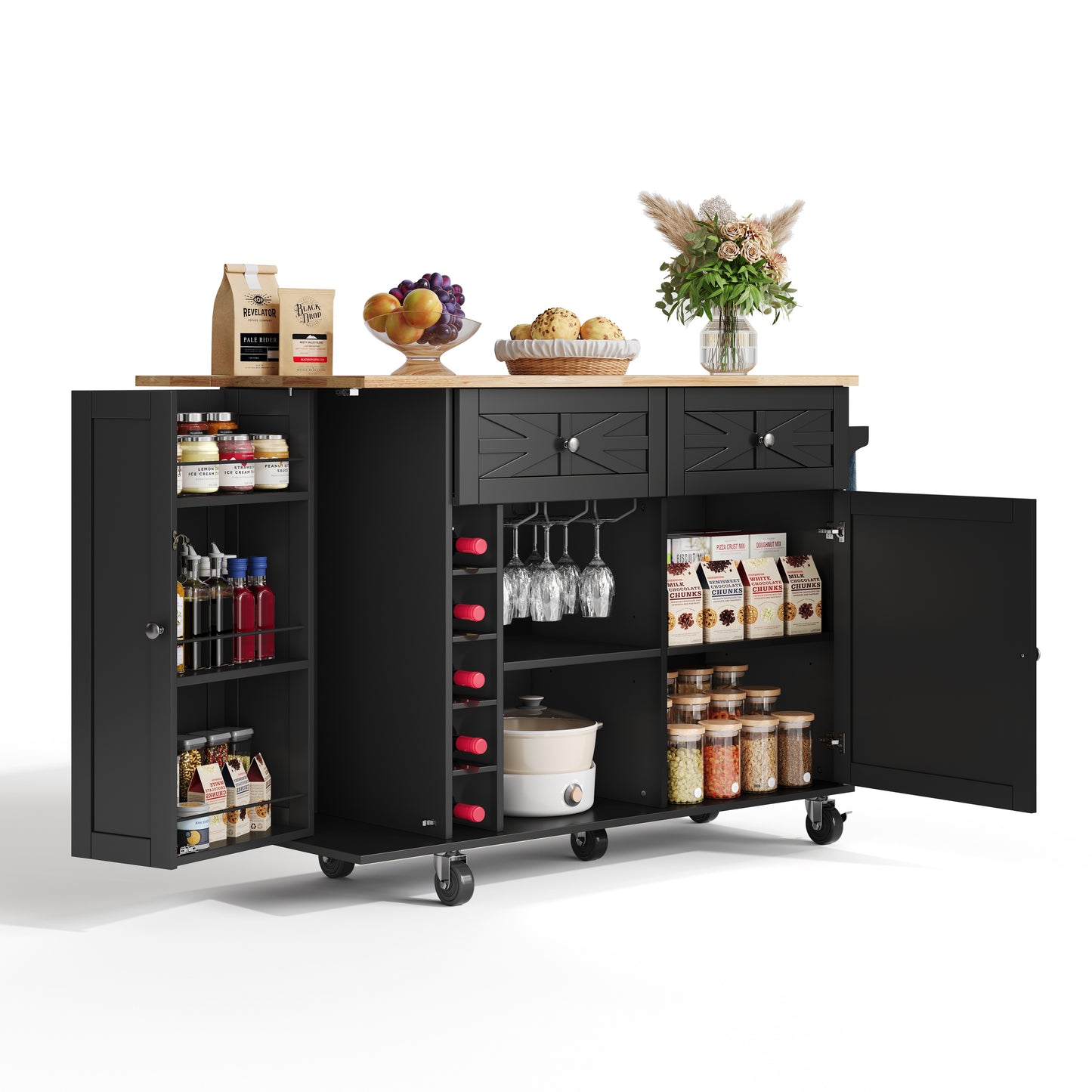 Keukentrolley – Keukenwagen – Serveerwagen – Keukenrek – Keukenkast – Uitklapbaar Werkblad – MDF Houtlook – Verrijdbaar met Vergrendelbare Wielen – 120x45(70)x89 cm – Zwart