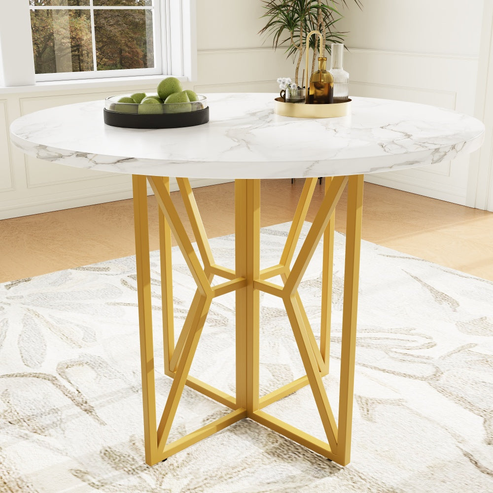 Ronde Eettafel – Tafeltje Rond – Ronde Tafel – Eetkamertafel Rond – Kleine Tafel – Luxe Marmerlook MDF Blad – Gouden Metalen Poot – 80x80x76 cm – Geschikt voor 4-6 Personen