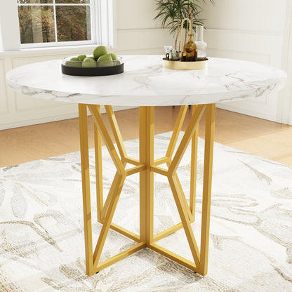 Ronde Eettafel – Tafeltje Rond – Ronde Tafel – Eetkamertafel Rond – Kleine Tafel – Luxe Marmerlook MDF Blad – Gouden Metalen Poot – 80x80x76 cm – Geschikt voor 4-6 Personen