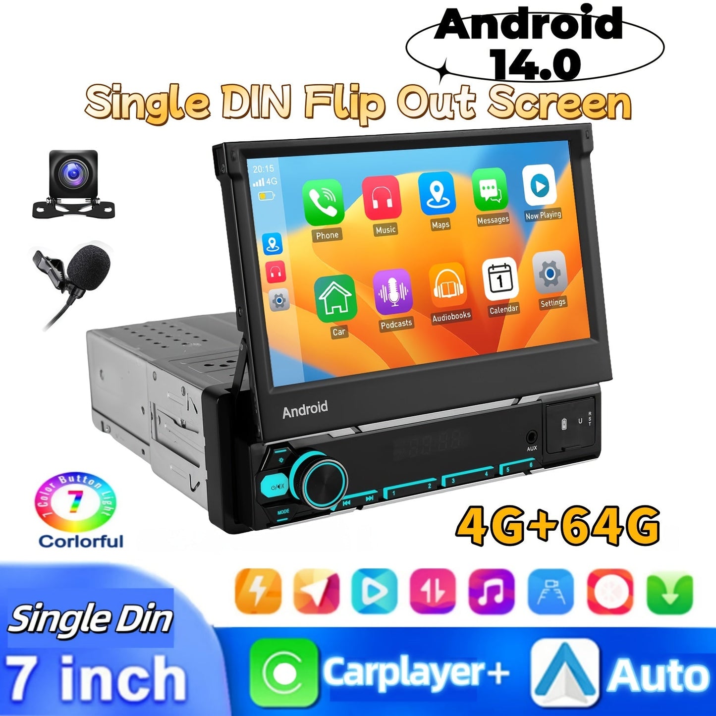 1 DIN Autoradio – Inbouwradio – Auto Multimedia – Auto Radio – Autoradio Met Scherm – Draadloos CarPlay & Android Auto – 7 Inch Flip-Out Touchscreen – AHD Achteruitrijcamera & 4GB/64GB Geheugen
