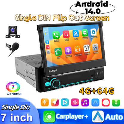1 DIN Autoradio – Inbouwradio – Auto Multimedia – Auto Radio – Autoradio Met Scherm – Draadloos CarPlay & Android Auto – 7 Inch Flip-Out Touchscreen – AHD Achteruitrijcamera & 4GB/64GB Geheugen