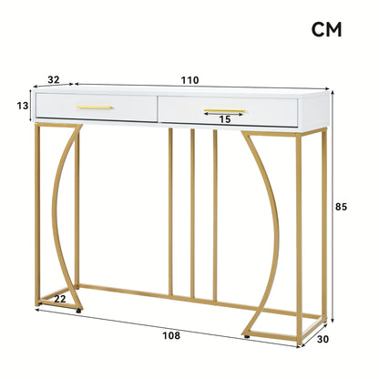 Modern White & Golden Console Table with 2 Drawers - Contemporary Metal Frame, 120x38x76cm, Elegant Side Table for Hallway or Living Room, Easy Assembly, No Power Needed, Living Room Furniture, Sleek Design, Sturdy Constructi