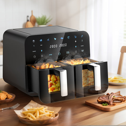 Airfryer – Heteluchtfriteuse – Dubbele Airfryer – Airfryer Met Venster – XXL Airfryer – 10L Capaciteit – 304 RVS – 2400W Power