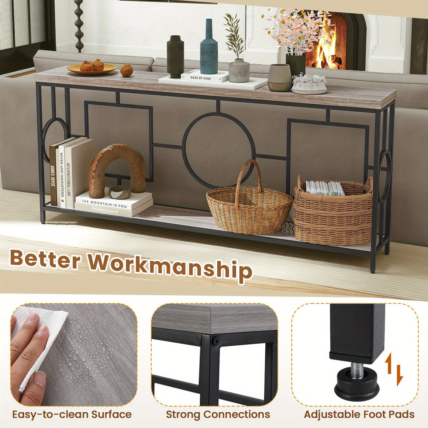 Sidetable – Consoletafel – Wandtafel – Haltafel – Bijzettafel – Industrieel Design – Tweelaags Kunstmarmeren Blad – Stevig Metalen Frame 152,4x30,48x76,2 cm
