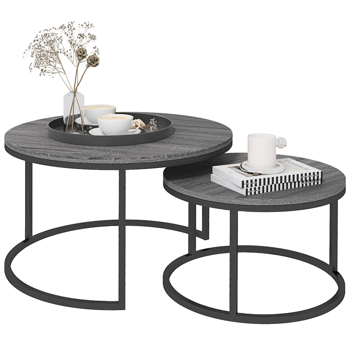 Set Van 2 Bijzettafels – Ronde Salontafel – Nestbare Tafels – Zwarte Tafel – Industrieel Design – Metaal Frame – Compact En Stevig