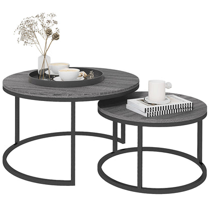 Set Van 2 Bijzettafels – Ronde Salontafel – Nestbare Tafels – Zwarte Tafel – Industrieel Design – Metaal Frame – Compact En Stevig