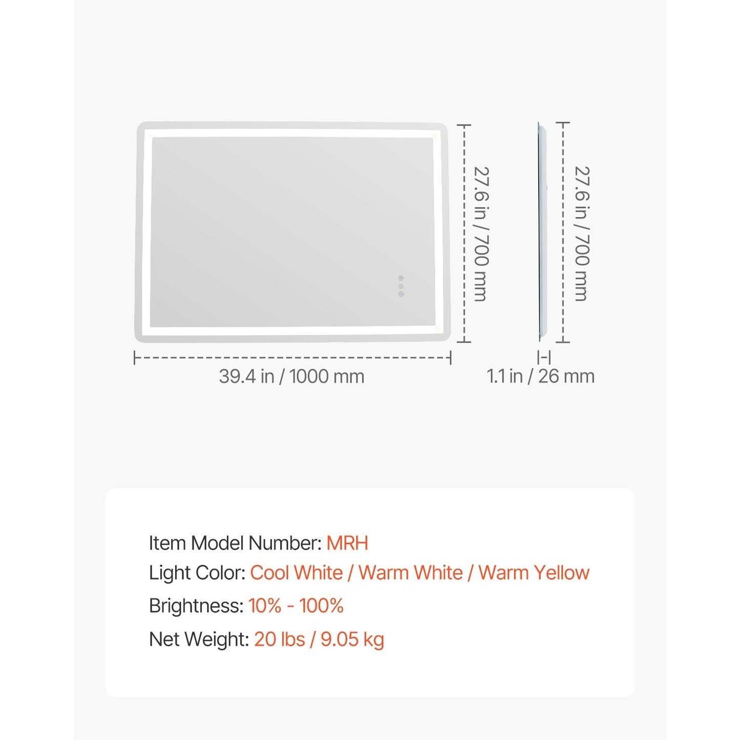 Badkamerspiegel – Led Spiegel – Wandspiegel – Make-up Spiegel – Sfeerverlichting – 70x100 cm – Anti-Fog Functie – Dimbare 3-Kleur Ledverlichting