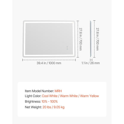 Badkamerspiegel – Led Spiegel – Wandspiegel – Make-up Spiegel – Sfeerverlichting – 70x100 cm – Anti-Fog Functie – Dimbare 3-Kleur Ledverlichting