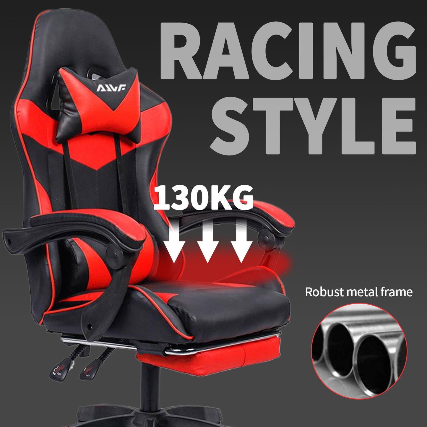 Ergonomische Gamingstoel – Bureaustoel – Gamerstoel – Draaistoel – Werkstoel – Met Verstelbare Voetensteun – Roestvrijstalen Frame – Rood