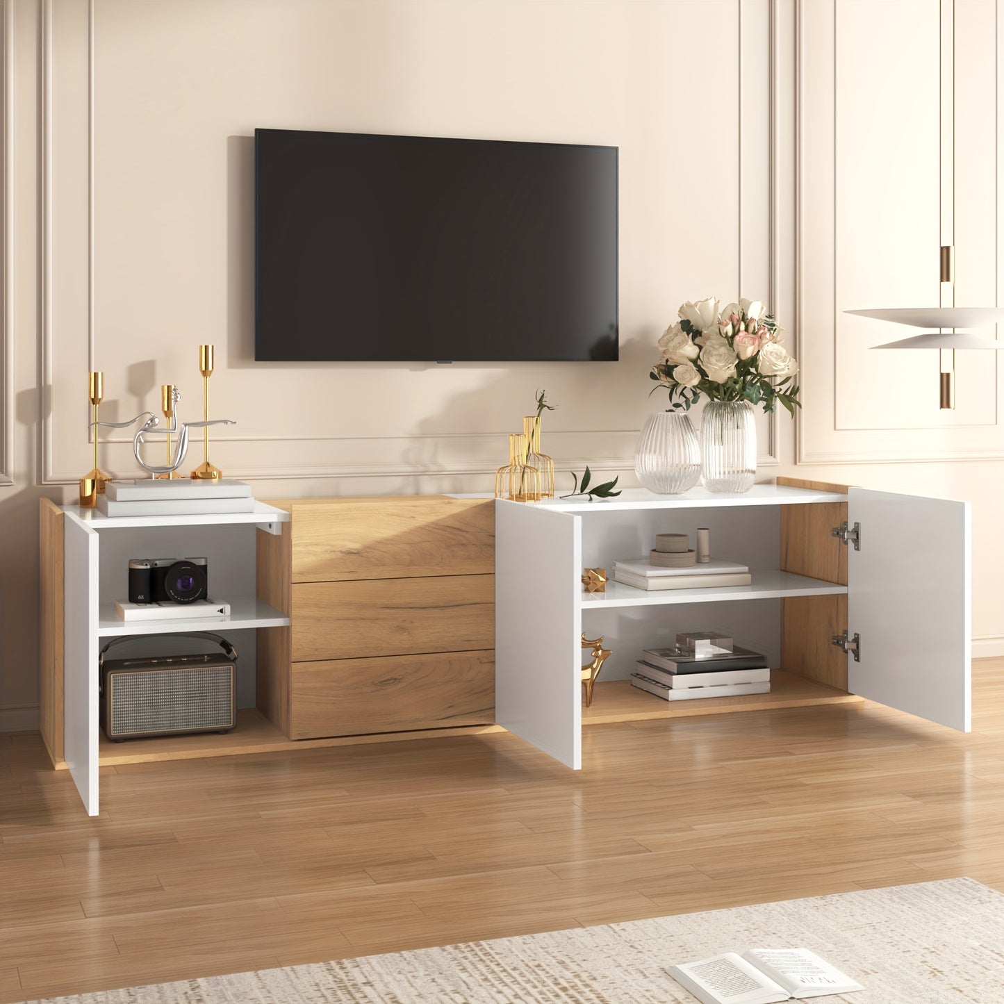 TV-meubel – TV-kast – Mediameubel – Entertainmentmeubel – Lowboard – Wit en Houtkleur – Wandmontage en Vrijstaand – Onderhoudsvriendelijk materiaal