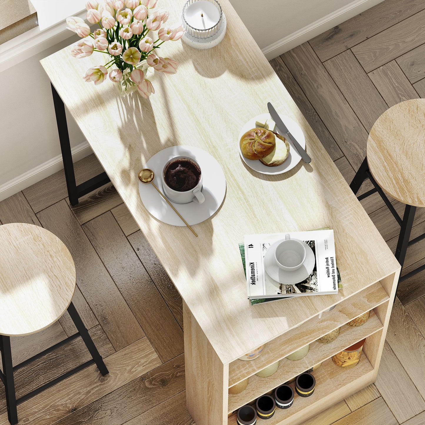 Bartafelset – Barkrukken – Barmeubel – Bartafel – Barstoel – Compact Ontwerp – Opbergruimte – Lichtbruin Zwart Eikenhout