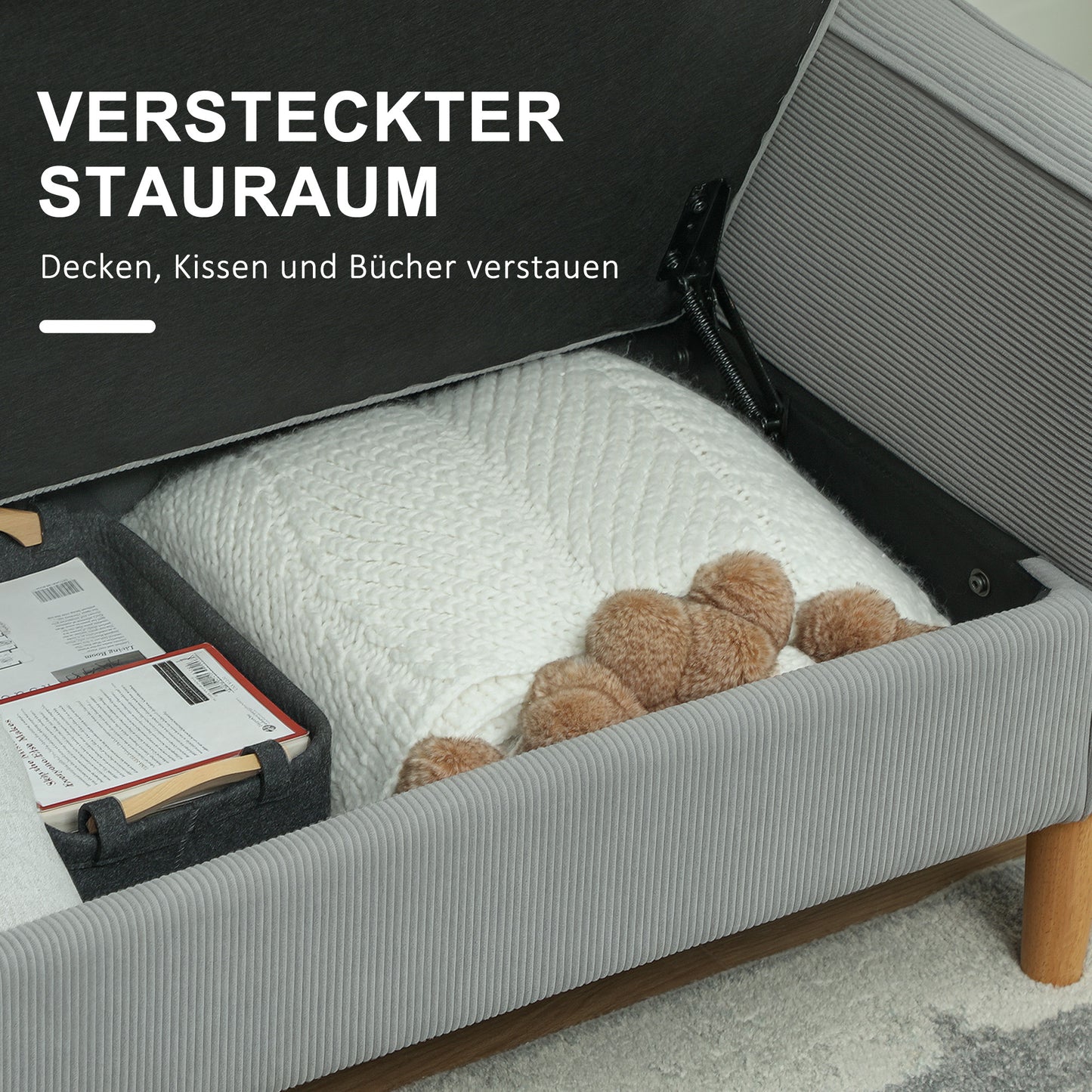 2-zits bank – tweezitsbank – zitbank – loveseat – compacte bank – met opbergruimte – moderne cordstof – massief houten poten – lichtgrijs – armleuningen – 117x63x79 cm