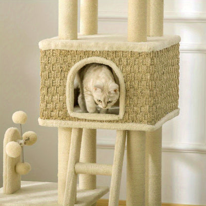 Krabpaal – Kattenboom – Kattenhuis – Kattenklimtoren – Kattenmeubel – 130 cm Hoog – Stevig Spaanplaat – Ruimtebesparend Ontwerp – Beige/Kaki