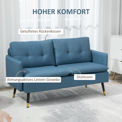 2-Zits Sofa – 2-Persoonsbank – Loveseat – Tweezitsbank – Retro Bank – Donkerblauw – Linnenlook – Knoopdetails – Compact & Comfortabel