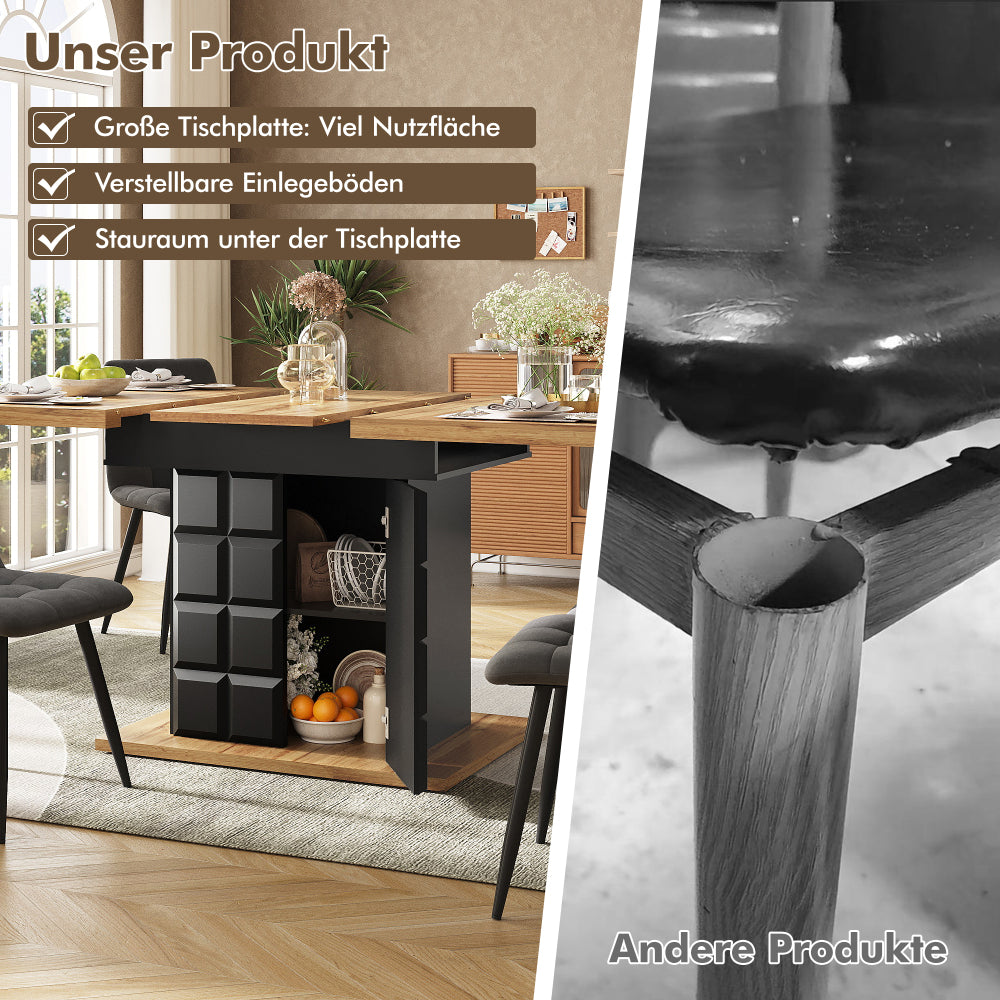Uitklaptafel – Klaptafel – Uitschuifbare Tafel – Vouwtafel – Eettafel – Ruimtebesparend – Inklapbaar – 110-140 cm Uitbreidbaar – Stevig Opbergrekje – Zwart Ruitpatroon