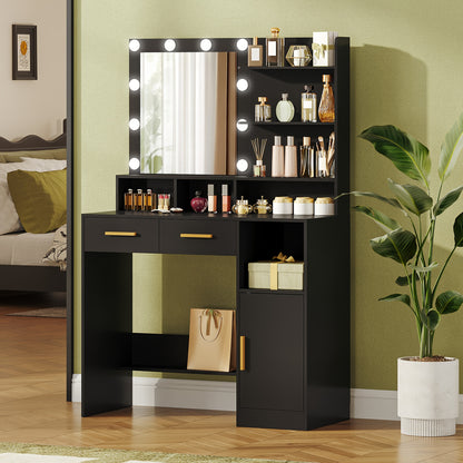 Make-up Tafel – Kaptafel – Schminktisch – Dressing Table – Vanity Table – Verstelbare LED Verlichting – 102x40x145 cm – Mat Zwart – 2 Lades en Kastje – 3 Planken en 4 Open Vakken