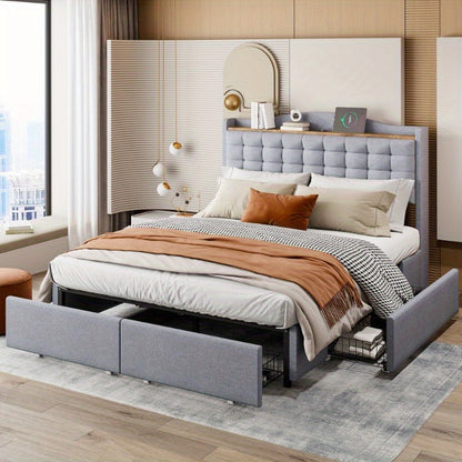 Bedframe – Bed – Bedombouw – Bedstel – Bedbodem – 140x200 cm – Duurzame Niet-Houten Constructie – Gestoffeerd Grijs Linnen