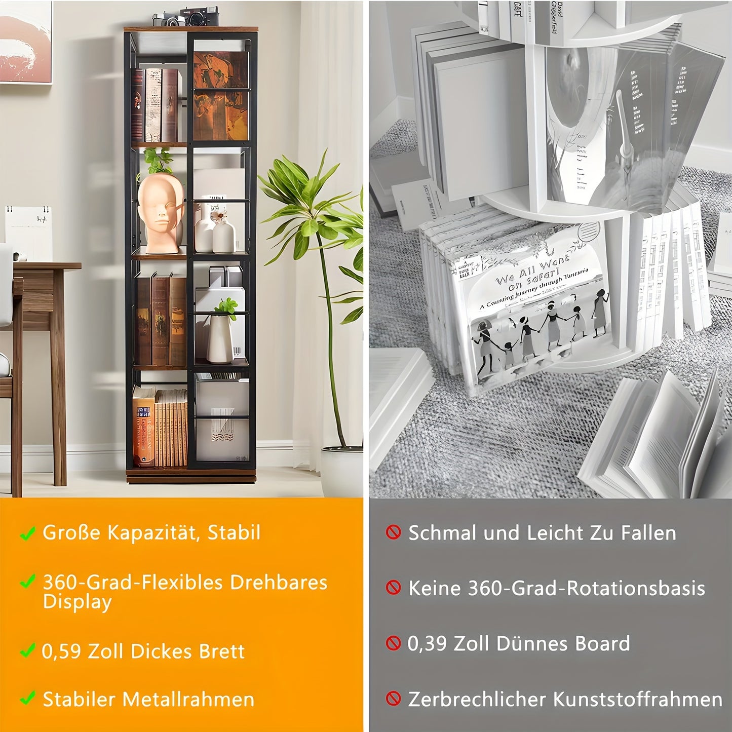 Draaibare Boekenkast – Boekenrek – Vakkenkast – Opbergkast – Plank – Zwart + Bruin – 5 Laags Met 360° Draaifunctie – Stevig MDF En Metaal – Compact En Vrijstaand Ontwerp