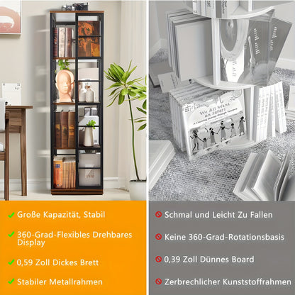 Draaibare Boekenkast – Boekenrek – Vakkenkast – Opbergkast – Plank – Zwart + Bruin – 5 Laags Met 360° Draaifunctie – Stevig MDF En Metaal – Compact En Vrijstaand Ontwerp