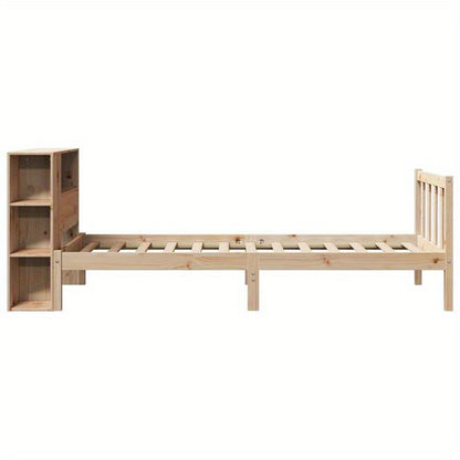 Bedframe – Studiebed – Opbergbed – Boekenbed – Eenpersoonsbed – Massief Pijnhout – Met Boekenplank Hoofdeinde – Compact 75x190 cm – Eenvoudige Montage – Modern Minimalistisch Design – Marrone