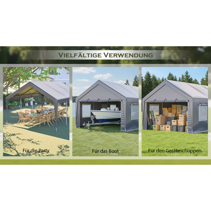 Garage Tent – Carport – Schuurtent – Opslagtent – Partytent – Grijs – 6x4x3 Meter – Stevige Metalen Constructie – Roldeur Met Zijwanden En Ramen