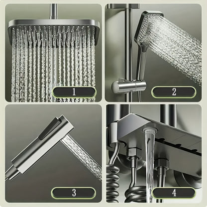 Doucheset – Regendouche – Douchegarnituur – Handdouche – Thermostaatkraan – 4-standen waterdruk – Digitaal Temperatuurdisplay – Mat Donkergrijs RVS