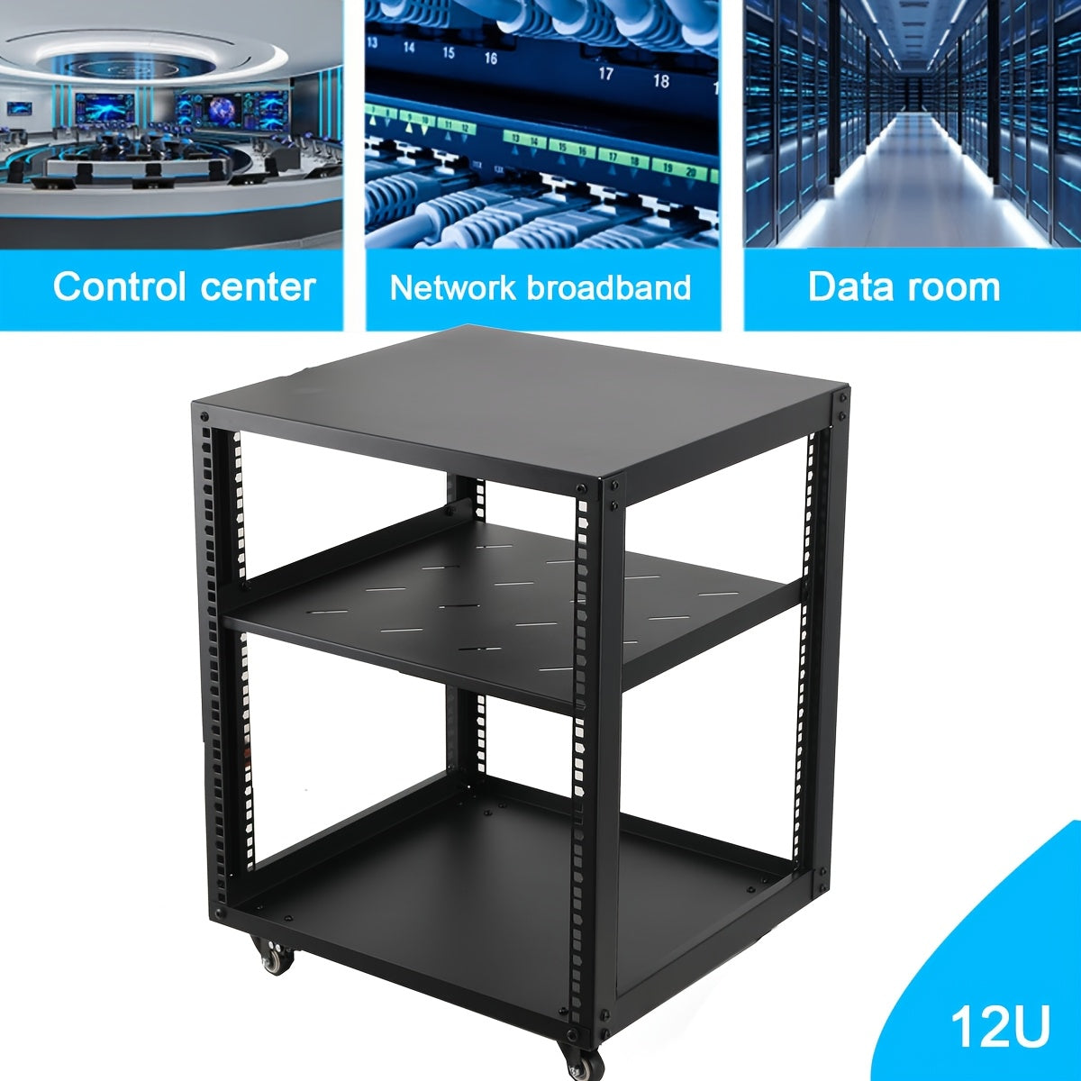 12U Open Frame Serverrek – Serverkast – Netwerkrek – Serverrack – Kabelrek – Verstelbare Diepte 23-40 Inch – Zwart Koudgewalst Staal Met Wielen