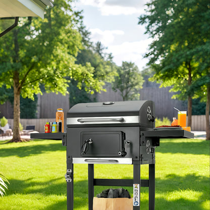 Houtskoolbarbecue – BBQ Grill – Smoker – Buitenbarbecue – Tuinbarbecue – Dubbel Grilloppervlak – Ingebouwde Thermometer – Verstelbare Houtskoolbak – Wielen Met Rem – Robuuste Metalen Constructie