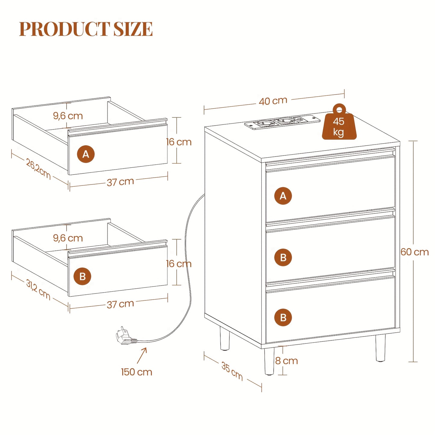 Bedside Table, Set Of 2, Side Table, 3 Drawers, Bedside Cabinet With 4 Removable Footrests, Bedside Table In The Bedroom, Sofa Table, For Bedroom, Living Room, White, Mounted Closet Systems