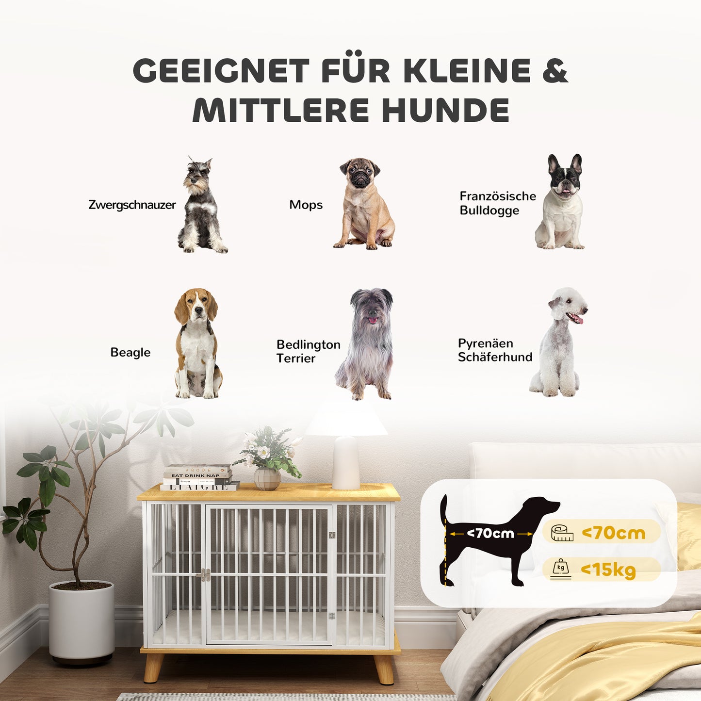 Hondenbench – Hondenkooi – Hondenmand – Hondenhuis – Reishondenbench – Vergrendelbare Deur – Uitneembaar Wasbaar Kussen – Stijlvol Wit Eiken – Staal Houtcomposiet – 86x60x70 cm – Goede Ventilatie