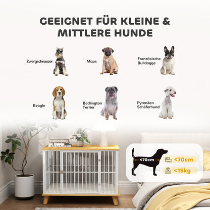 Hondenbench – Hondenkooi – Hondenmand – Hondenhuis – Reishondenbench – Vergrendelbare Deur – Uitneembaar Wasbaar Kussen – Stijlvol Wit Eiken – Staal Houtcomposiet – 86x60x70 cm – Goede Ventilatie