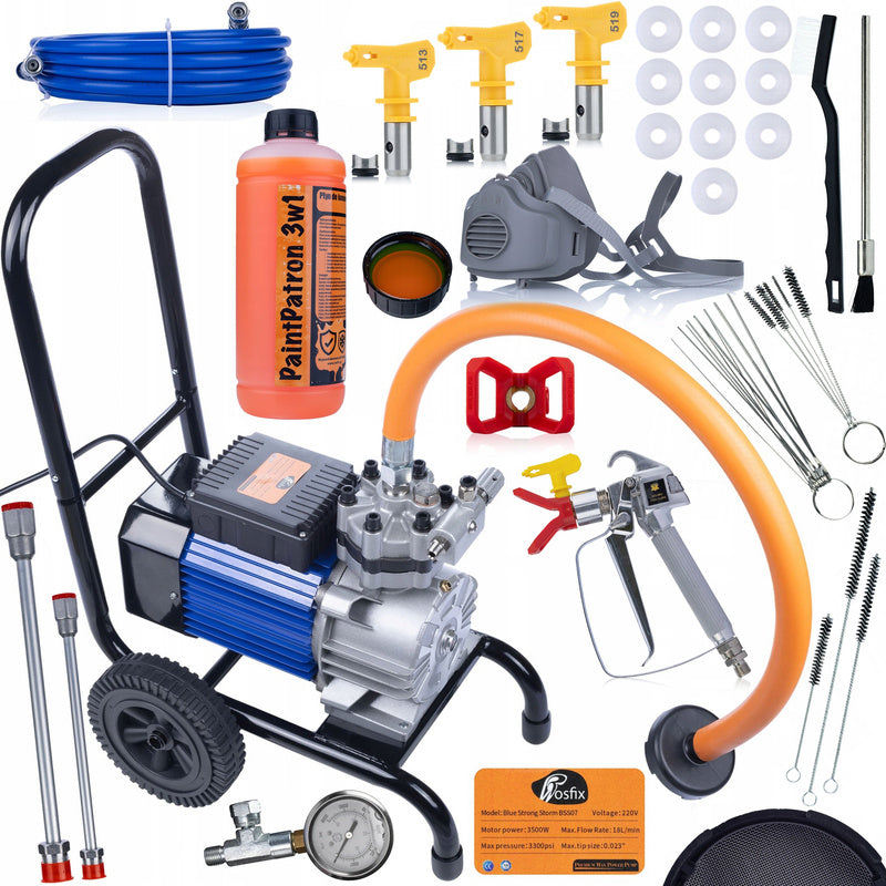 Professionele Elektrische Verfspuit Strong Storm 3500W Blauw – High-Pressure Airless Spuitpistool 22MPa, 18L/min Debiet, Inclusief 1L Beker, Nozzles 519 & 513, 10x Afdichtingen, Masker, Reinigingsset, 50cm Verlenglanzen