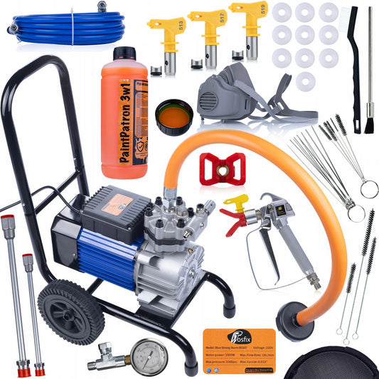 Professionele Elektrische Verfspuit Strong Storm 3500W Blauw – High-Pressure Airless Spuitpistool 22MPa, 18L/min Debiet, Inclusief 1L Beker, Nozzles 519 & 513, 10x Afdichtingen, Masker, Reinigingsset, 50cm Verlenglanzen