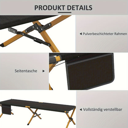 Opvouwbaar Outdoor Bed – Campingbed – Veldbed – Ligbed – Tuinbed – Aluminium Frame – Weerbestendige Oxford Stof – Zwart – 196x64x45 cm – Met Zijzakken
