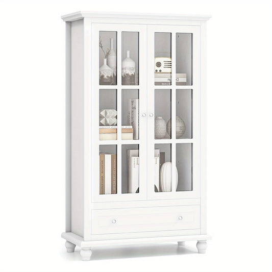 Kledingkast – Garderobekast – Opbergkast – Boekenkast – Vitrinekast – Met Gehard Glas – Verstelbare Plank & Lade – Wit 80x40x139 cm