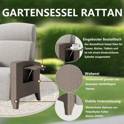 Rotan Loungestoel – Rotan Stoel – Tuinstoel – Buitenstoel – Loungeset – Verstelbare Rugleuning 160° – Geïntegreerde Bijzettafel – Beige Bruin – Met Afneembare Kussenhoes – Extra Ruim