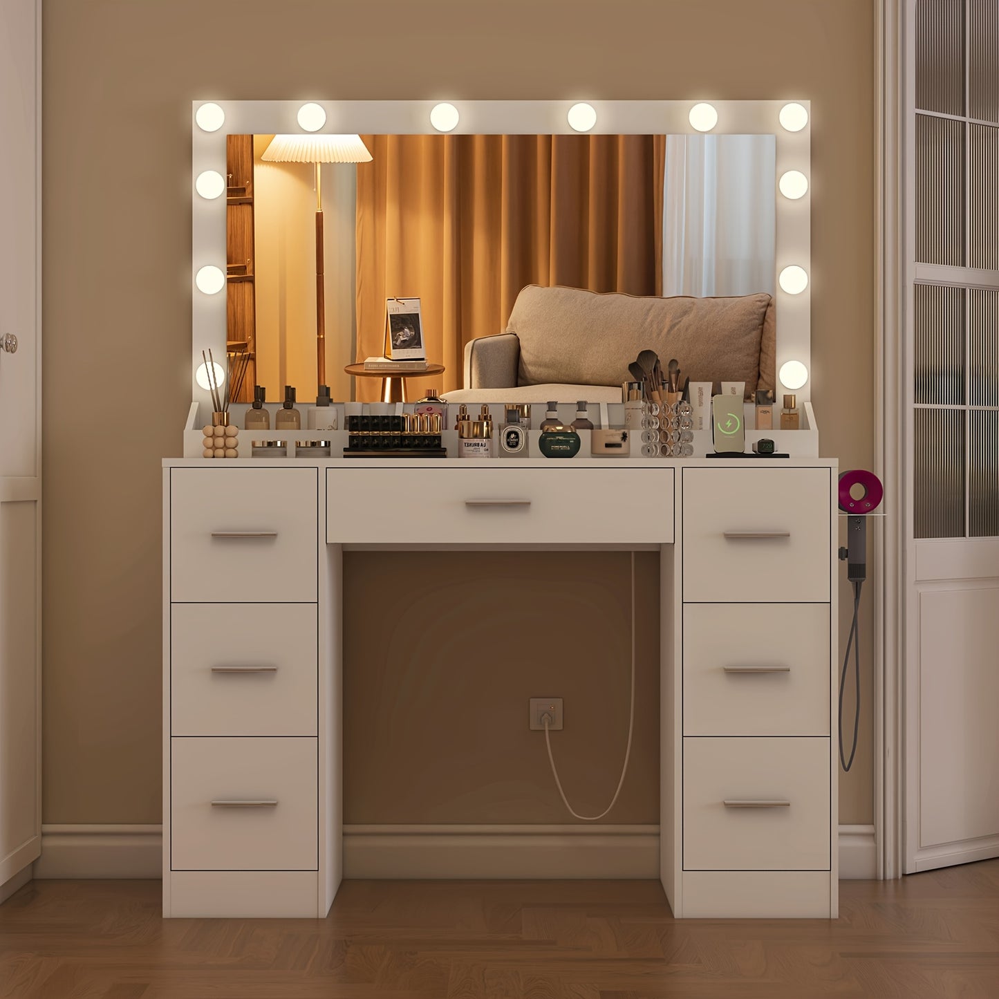 Make-uptafel – Make-uptafel – Visagietafel – Schoonheidstafel – Make-uptafel wit – Verlichte spiegel met 12 LED – Ingebouwd stopcontact en 7 lades