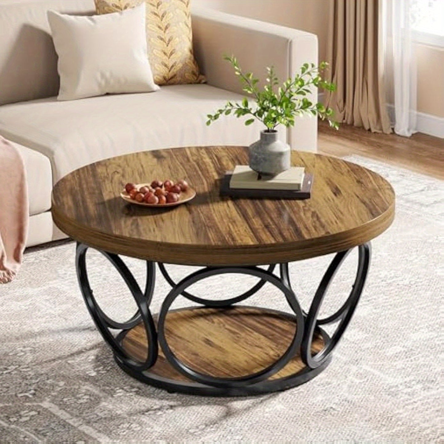 BYBLIGHT Industrial Round Coffee Table - 80cm Rustic Brown Wood & Metal Frame, Thickened Engineered Wood Top, Space-Saving Design, Easy Assembly, Contemporary Style for Living Room, Bedroom, Office - Durable & Stylish Furnitu
