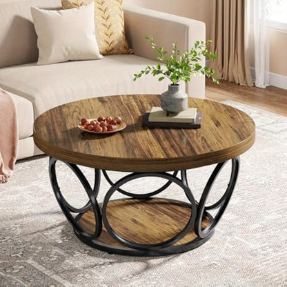 BYBLIGHT Industrial Round Coffee Table - 80cm Rustic Brown Wood & Metal Frame, Thickened Engineered Wood Top, Space-Saving Design, Easy Assembly, Contemporary Style for Living Room, Bedroom, Office - Durable & Stylish Furnitu